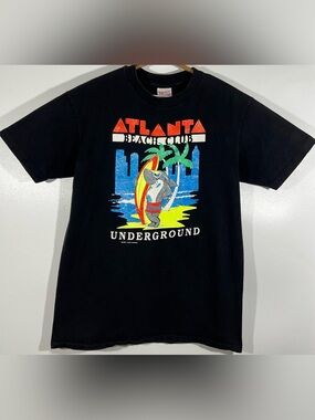 VTG 1989 Atlanta Beach Club Underground Shirt L Surfboard Cartoon Shark Skyline